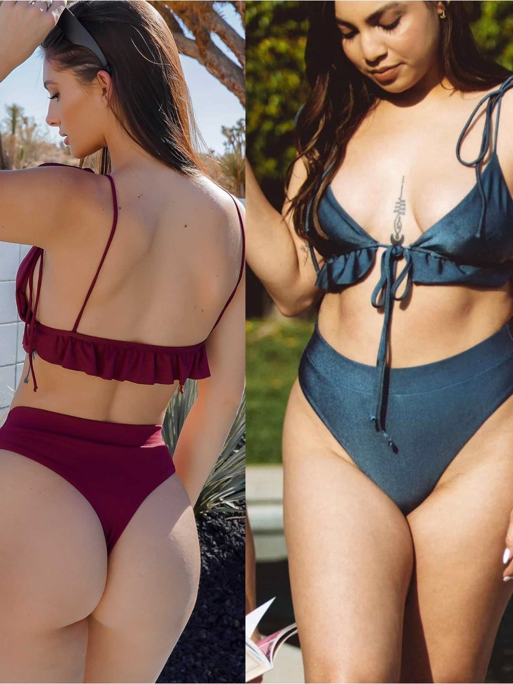 Ruffle Tie-Front High-Waist Bikini - Burgundy